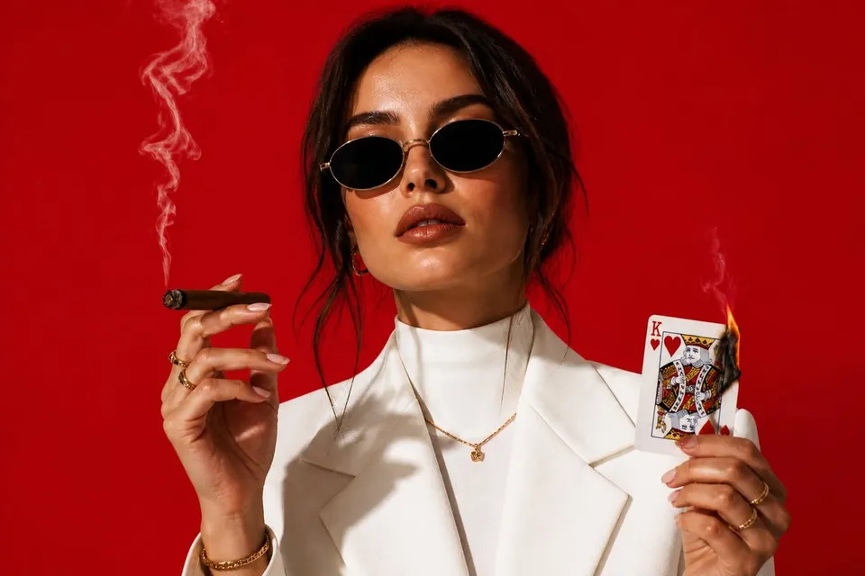 Reference image: White Suit Red Backdrop Portrait
