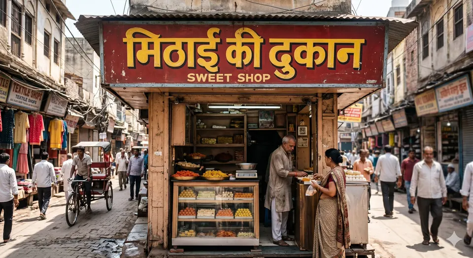 Reference image: Old Delhi Sweet Shop Storefront Documentary Photo