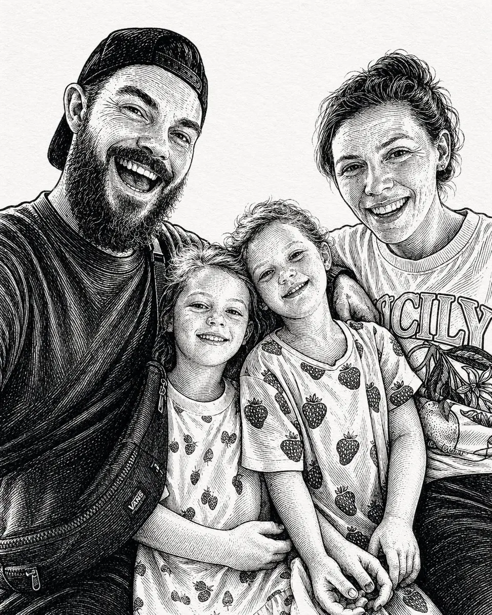 Reference image: Ink-Etched Family Portrait