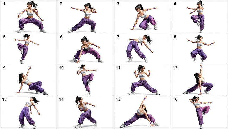 Reference image: 16-Pose Dance Combat Reference Sheet