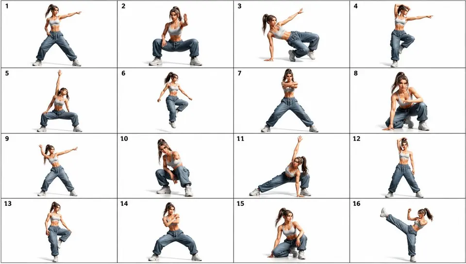 Reference image: 16-Panel Dance Pose Reference Sheet