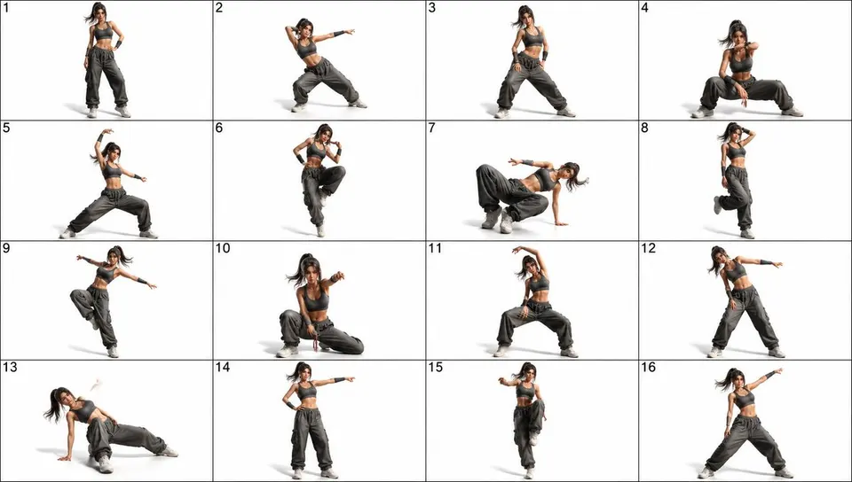 Reference image: 16-Panel Female Dance Pose Sheet
