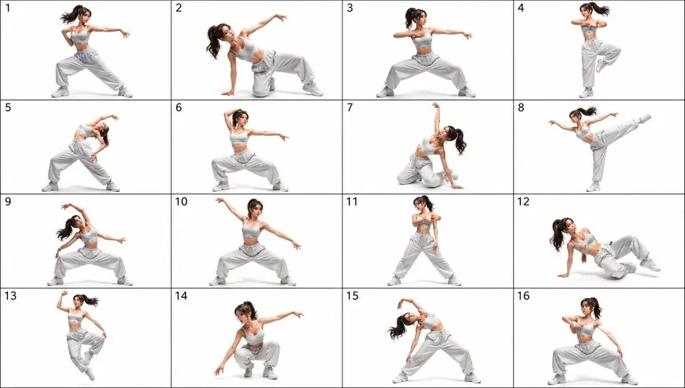 Reference image: 16-Pose Dance Reference Sheet