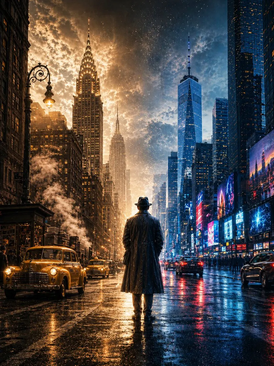 Reference image: New York across two centuries cinematic poster