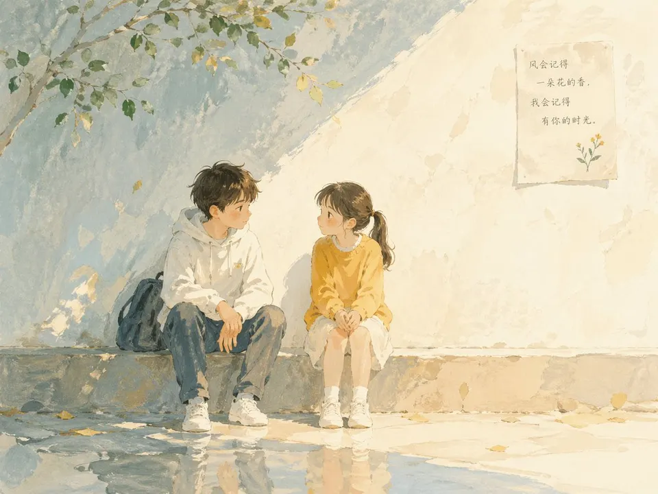 Reference image: Soft poetic children's book illustration with watercolor and gouache textures...