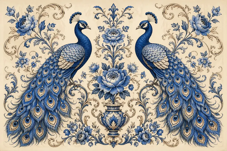 Reference image: Peacock Botanical Vintage Symmetrical Art Print