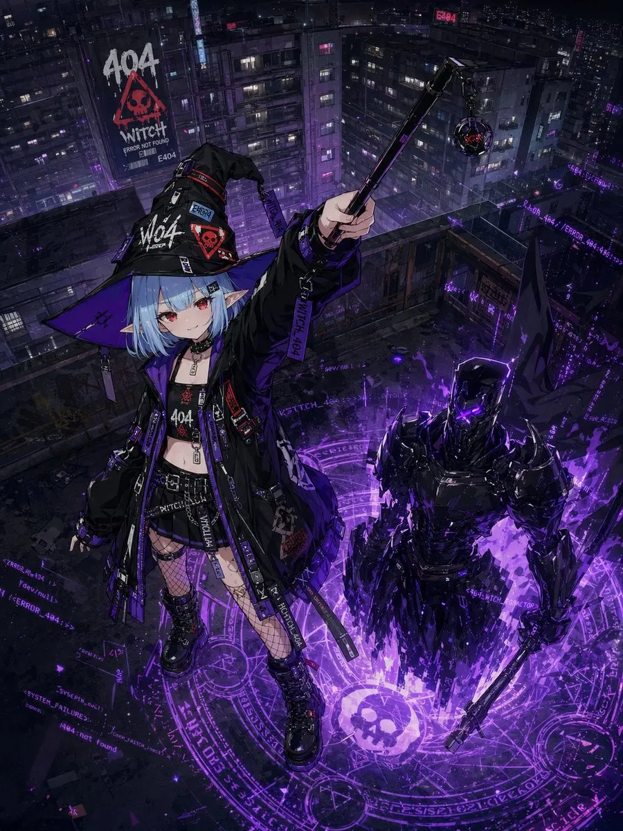 Reference image: Cyberpunk 404 Witch Summoning