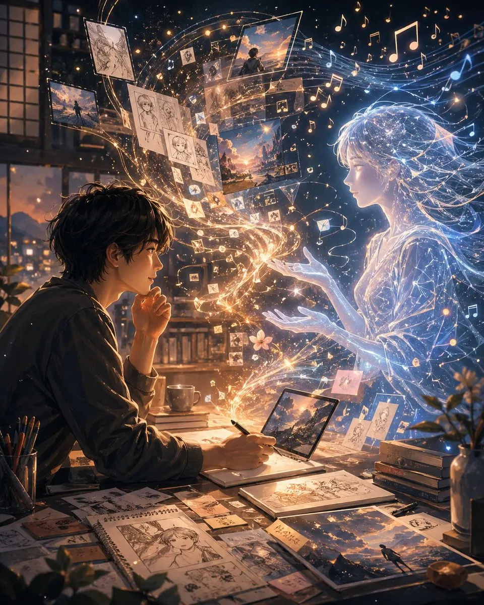 Reference image: Artist and Ethereal Muse at Night